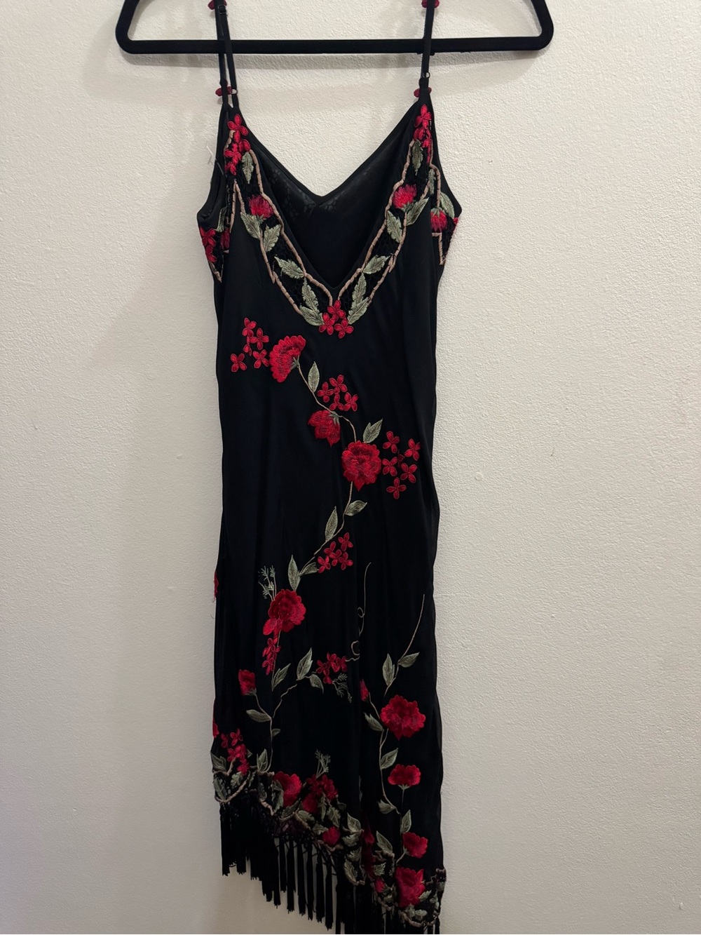 Sue Wong Black Midi Slip Dress with Red Floral Embroidery